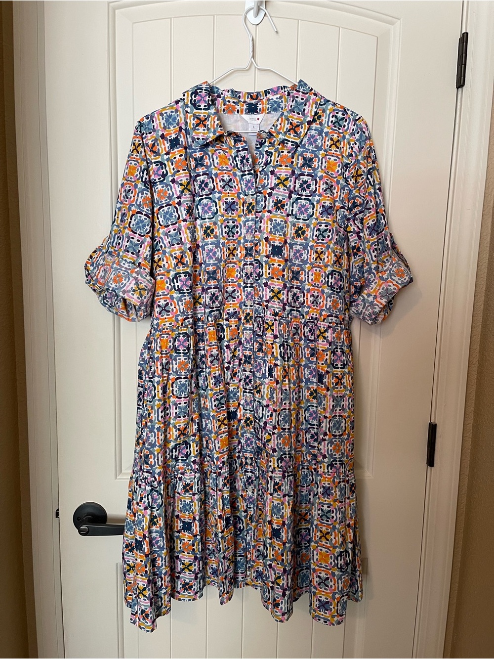 intro. Multicolor Tile-Print Midi Dress with Navy Accents